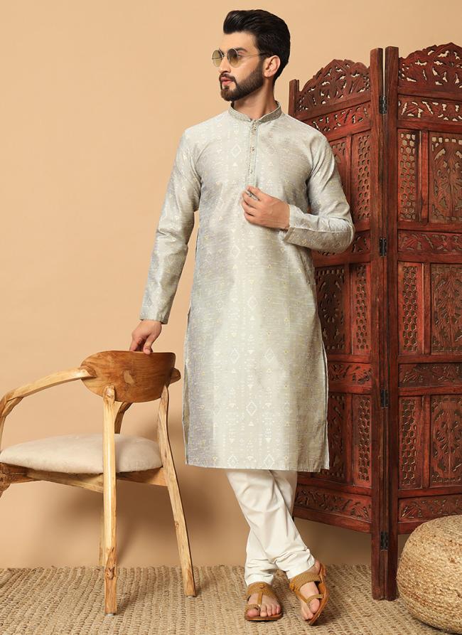 Pure Silk Silver Festival Wear Mirror Work Readymade Kurta Pajama